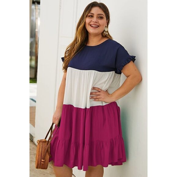 NEW! PLUS Size Beautiful Color Block Drape Casual Dress Boho Tiered Layered - Picture 1 of 5